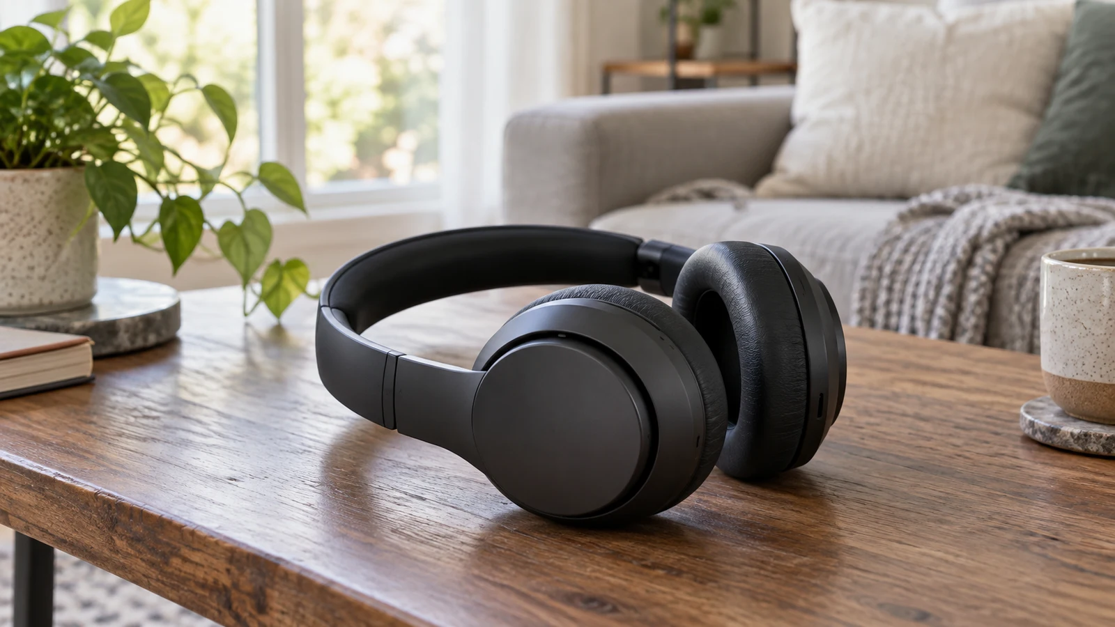 Beats Studio3 refurbished headphones: Black over-ear headphones rest on a wooden table beside a mug.