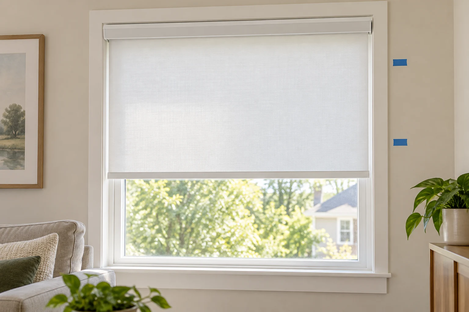 A white cordless roller shade will not stay lowered in the article scenario; the cover shows a level shade with two blue reference marks beside its window.