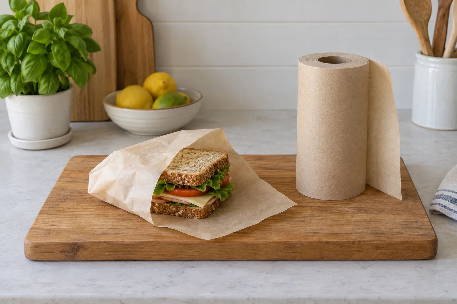 Wax paper and parchment kitchen-use concept with a whole unheated wrapped sandwich, plain paper roll and complete wooden board on a counter.