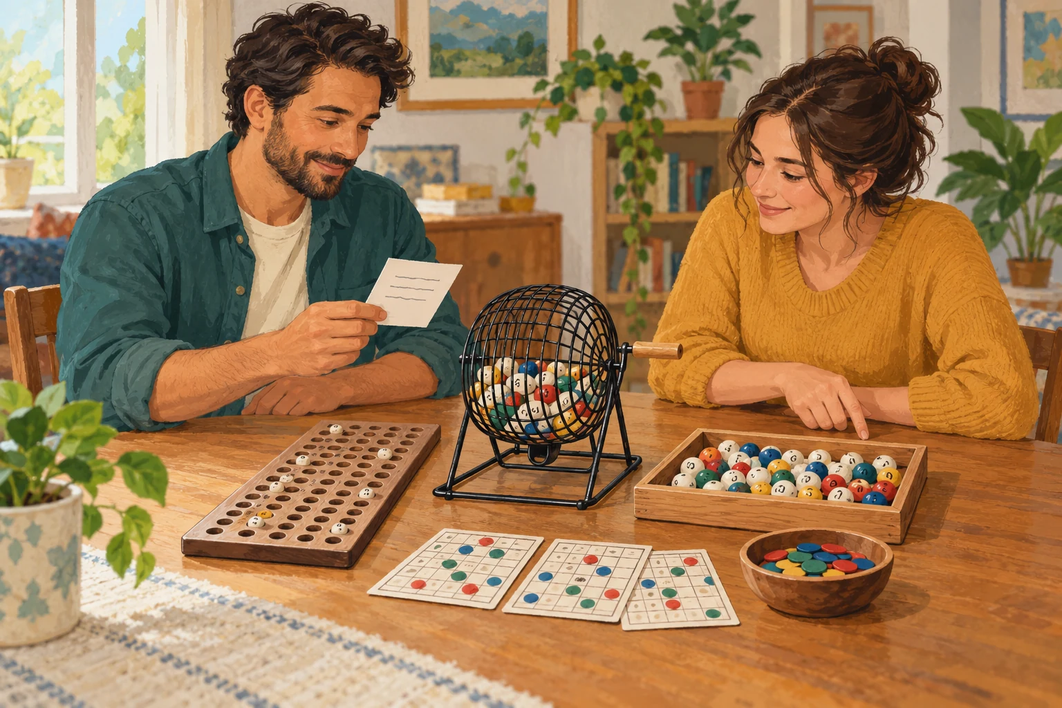 A bingo set lending plan illustrated by two adults checking a shared note and returning a complete game collection to its owner.