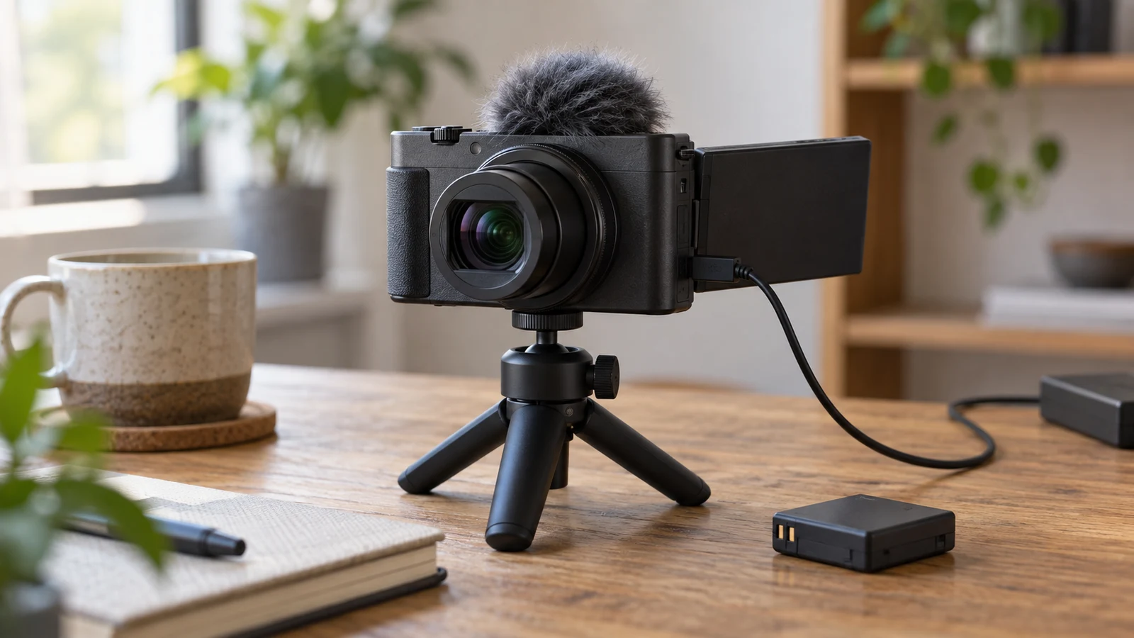Sony ZV-1 II continuous recording checks: An unbranded camera sits on a small tripod beside a battery on a wooden desk.