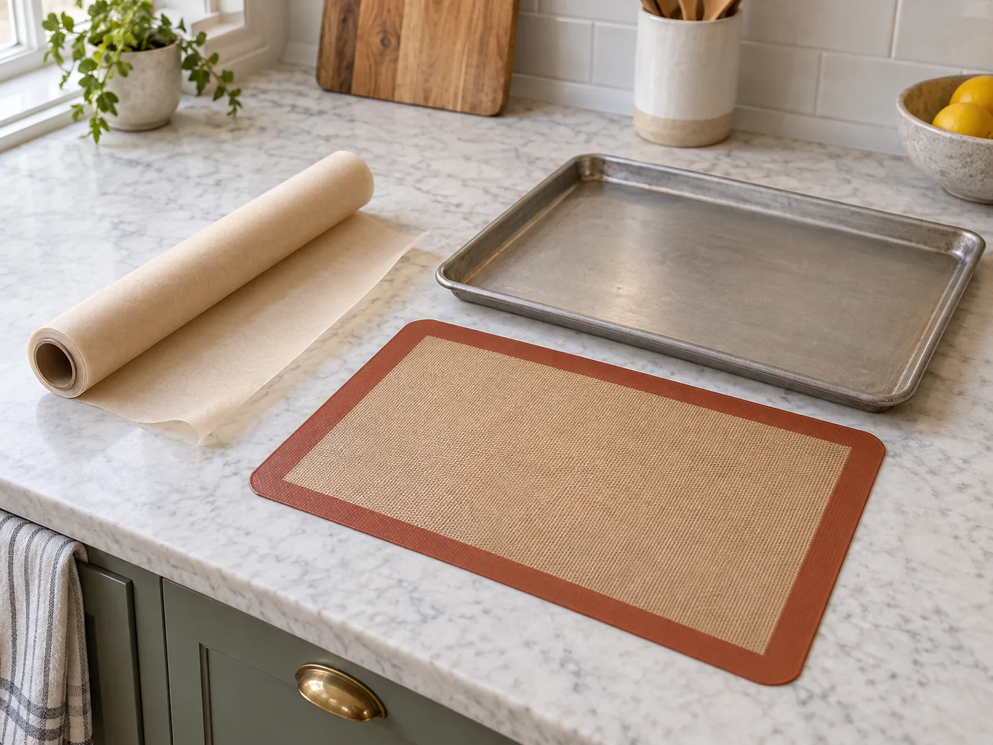 Nonstick baking liners concept with a complete generic parchment roll, mesh-textured silicone mat and separate empty baking tray on a home counter.