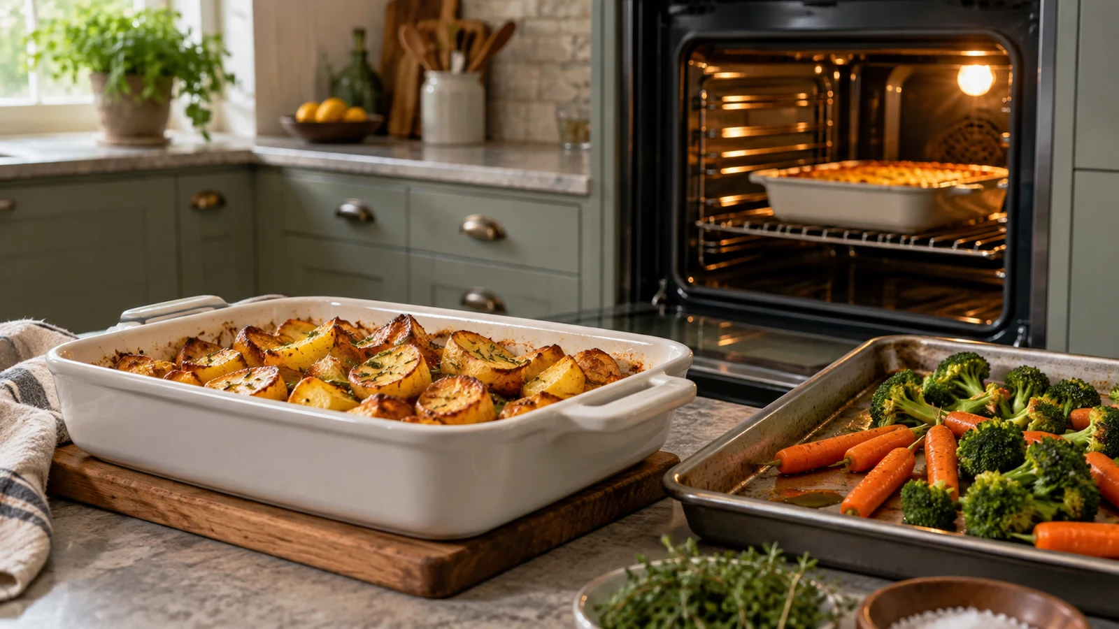 oven scheduling: A dish of browned potatoes and a tray of carrots and broccoli sit on a counter beside an open oven.