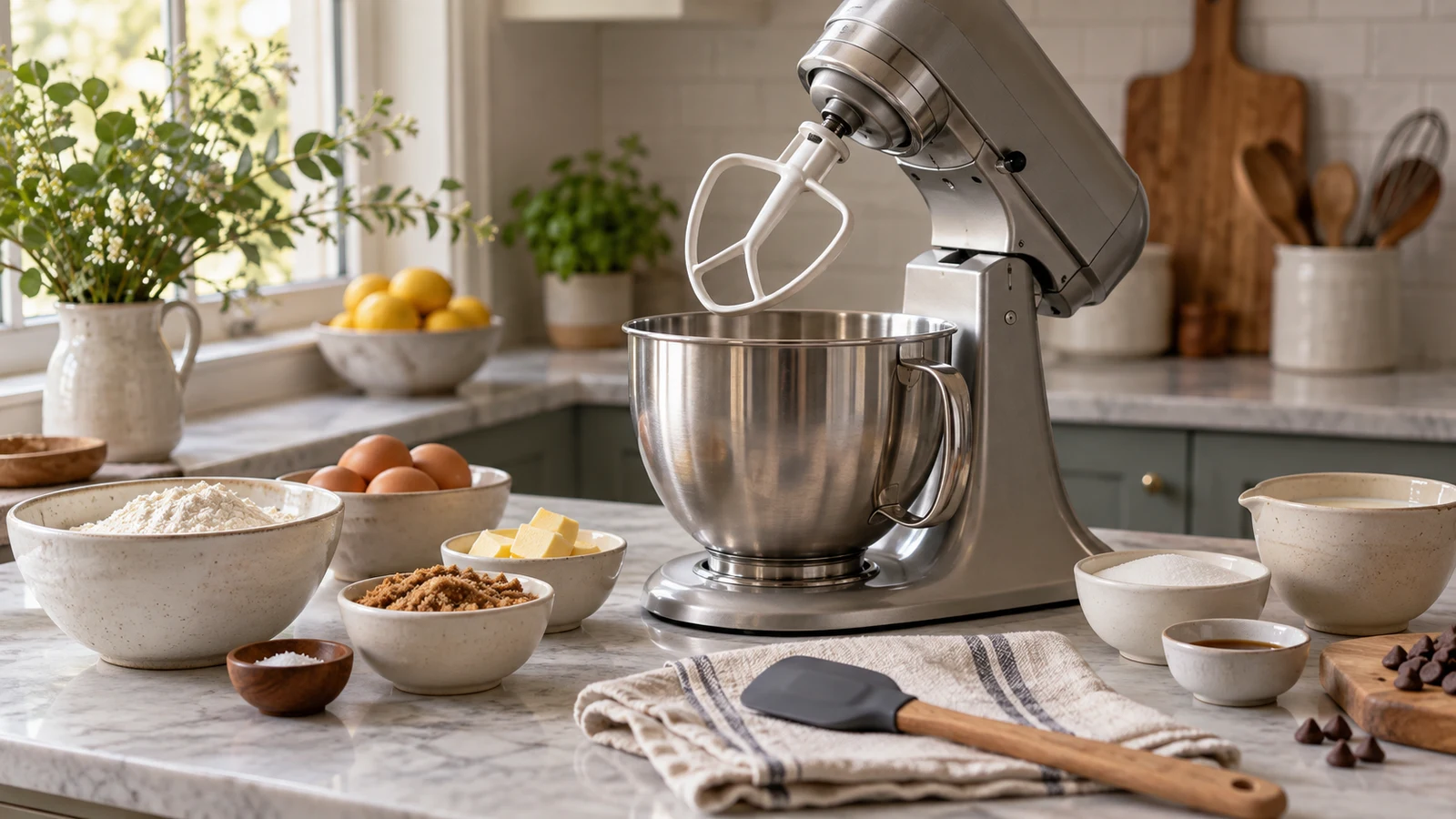 stand mixer recipe pauses: A raised stand mixer sits beside bowls of ingredients and a spatula on a kitchen counter.