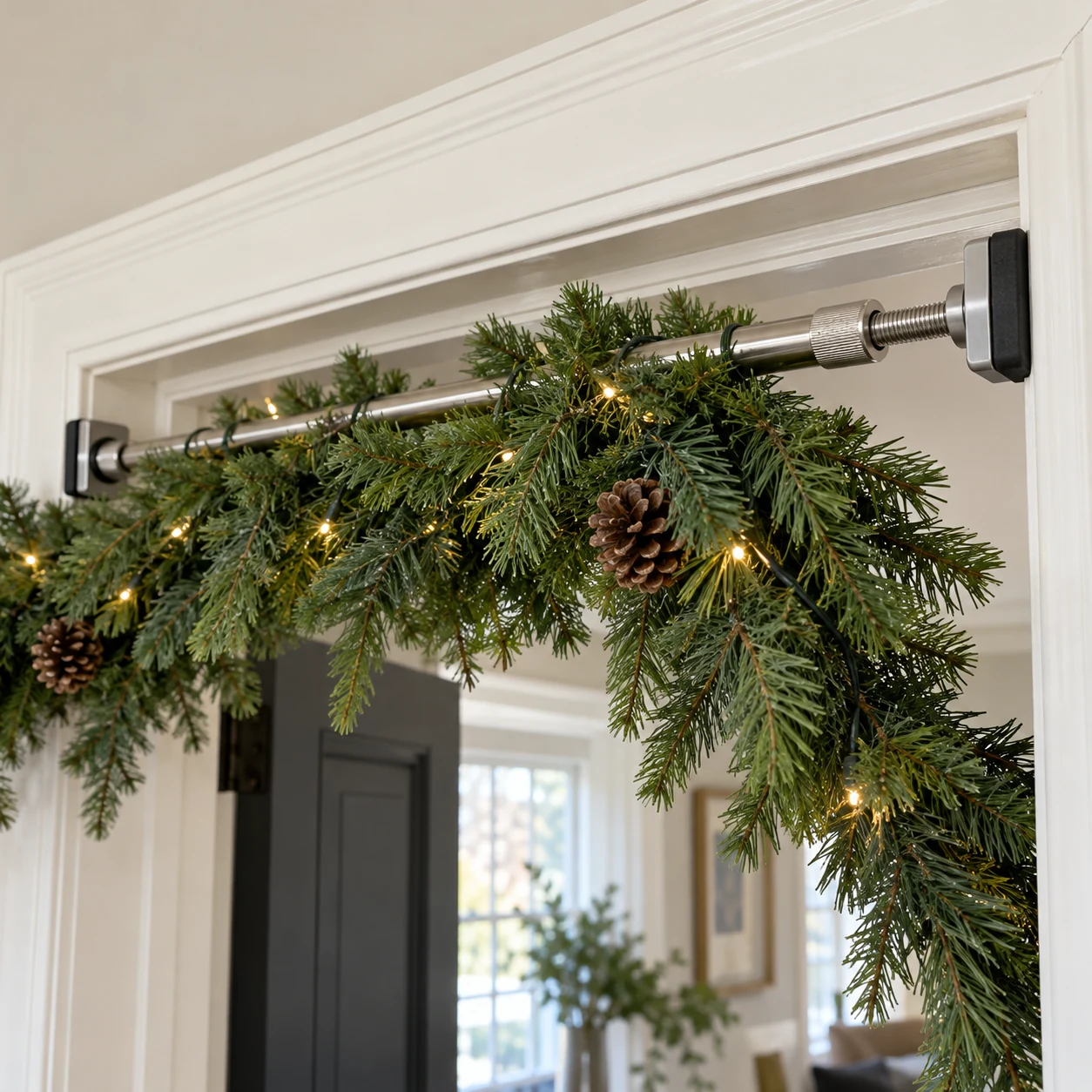 A door-frame garland hanger with visible threaded adjustment and padded contact ends supporting green garland above a door.
