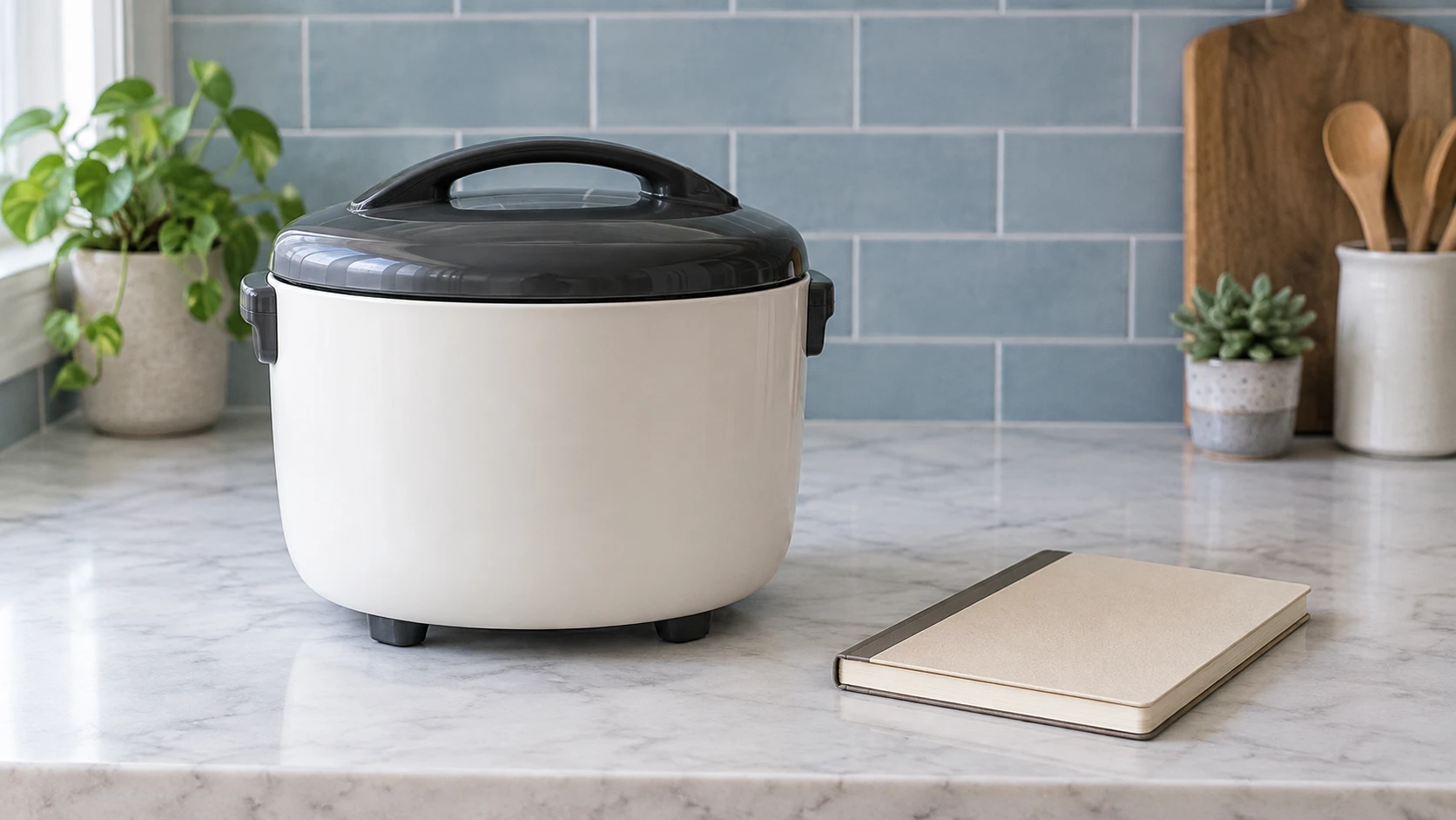 Aroma brown rice not heating immediately concept with a whole generic inactive closed rice cooker and complete blank notebook.