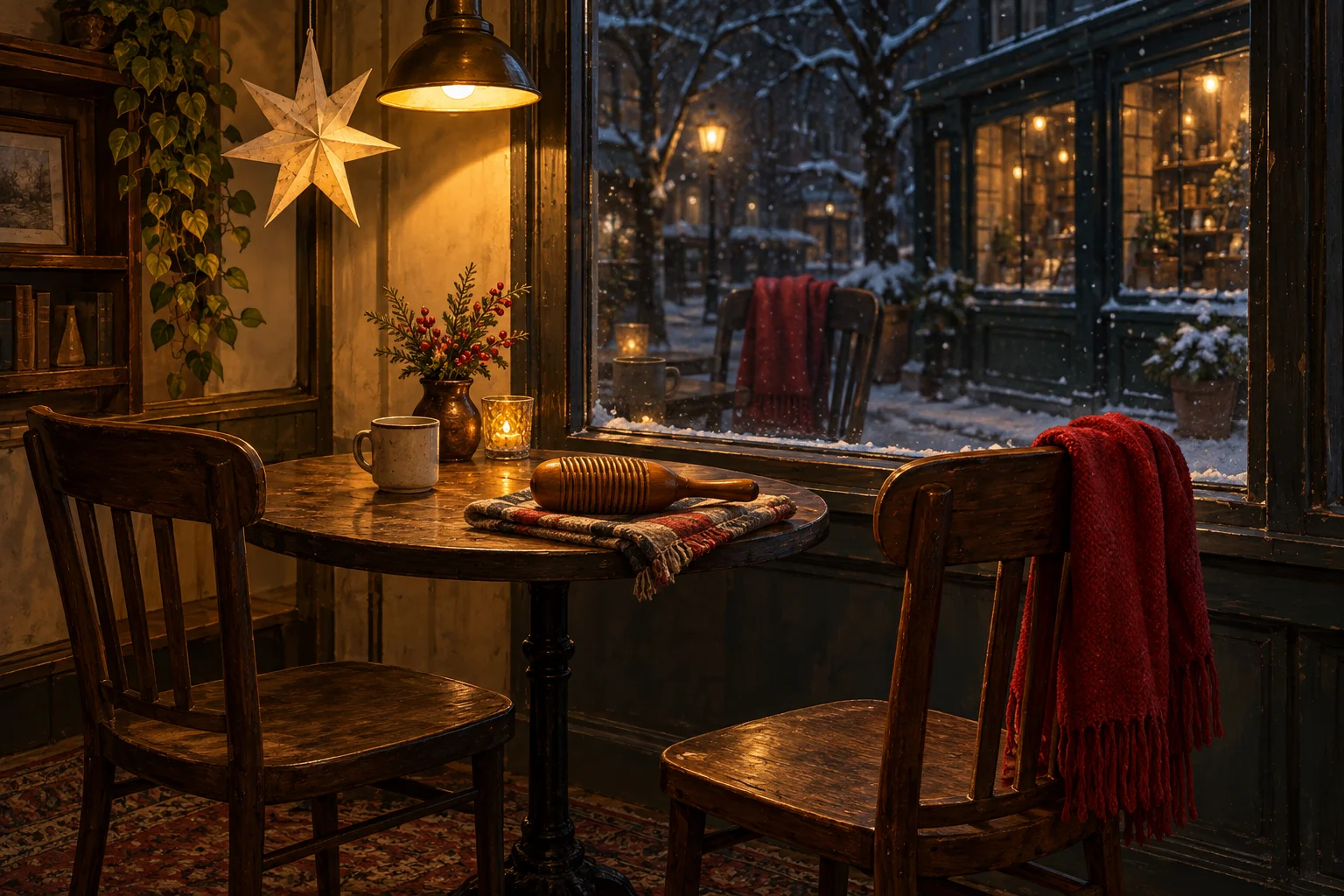 A guiro winter story illustrated by two empty chairs, an inactive instrument and a red scarf reflected in a winter window.