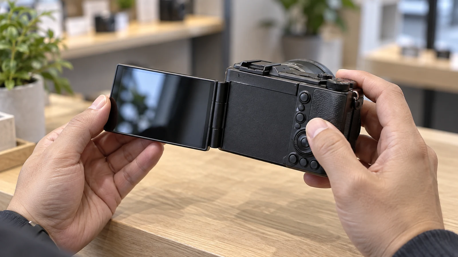 Sony ZV-1 II menu language checks: Two hands hold a black camera with an open dark screen above a wooden counter.