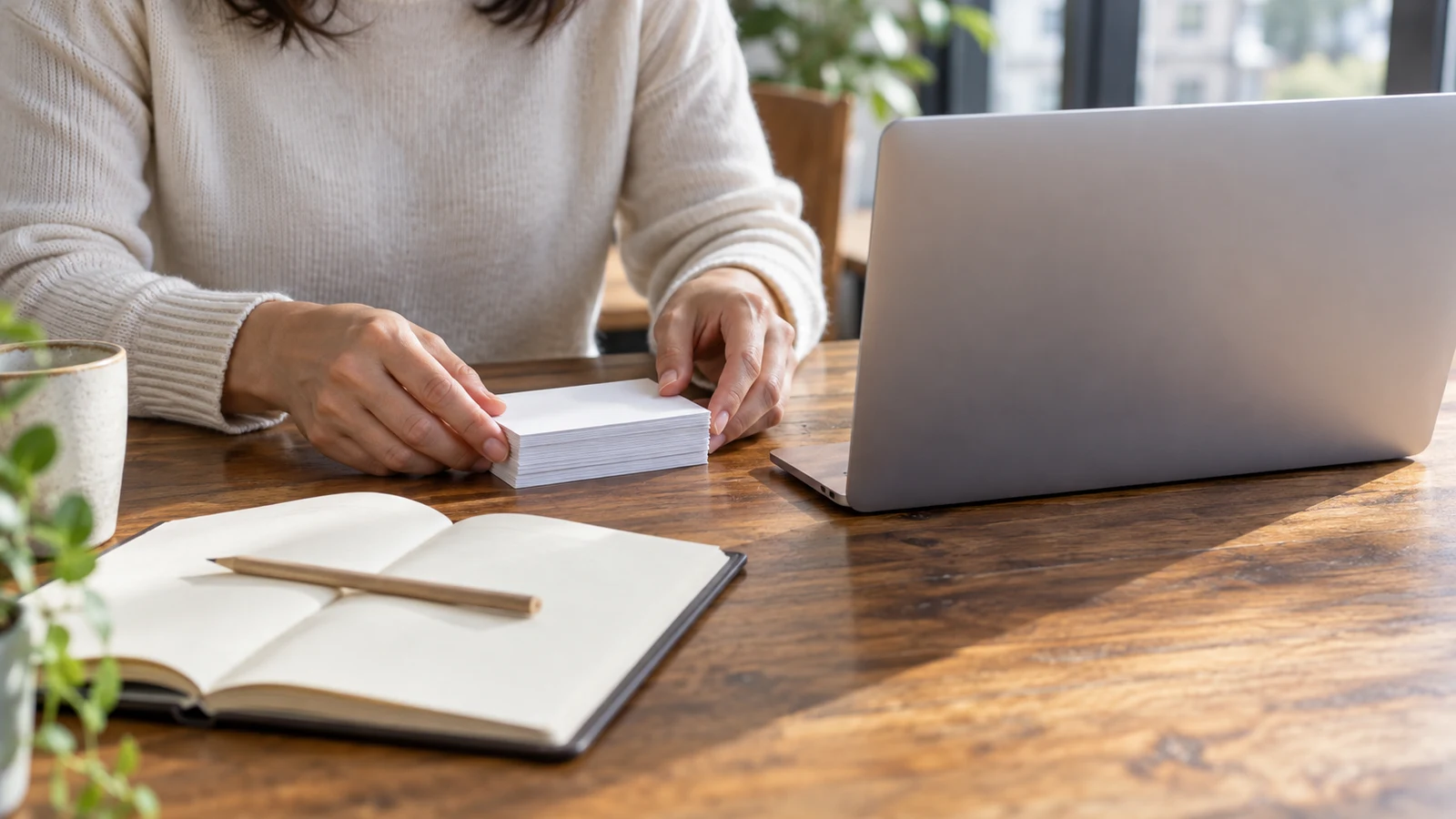 spreadsheet identifier handling: A person aligns blank cards beside a laptop and an open notebook.