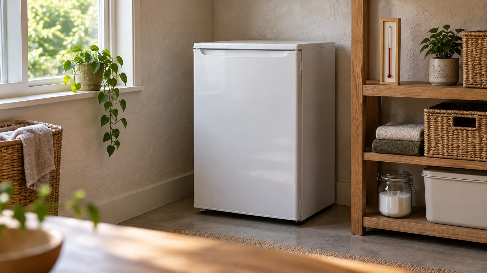 mini fridge ambient temperature checks: A white mini fridge stands beside a wooden shelf holding a thermometer.