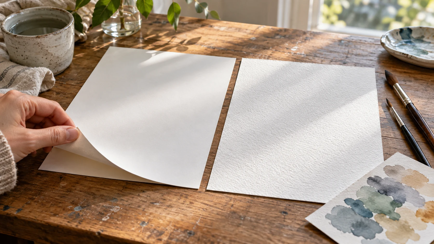 Watercolor paper texture comparison with a smooth sheet and a visibly textured sheet beside brushes and a small wash test on an art table.