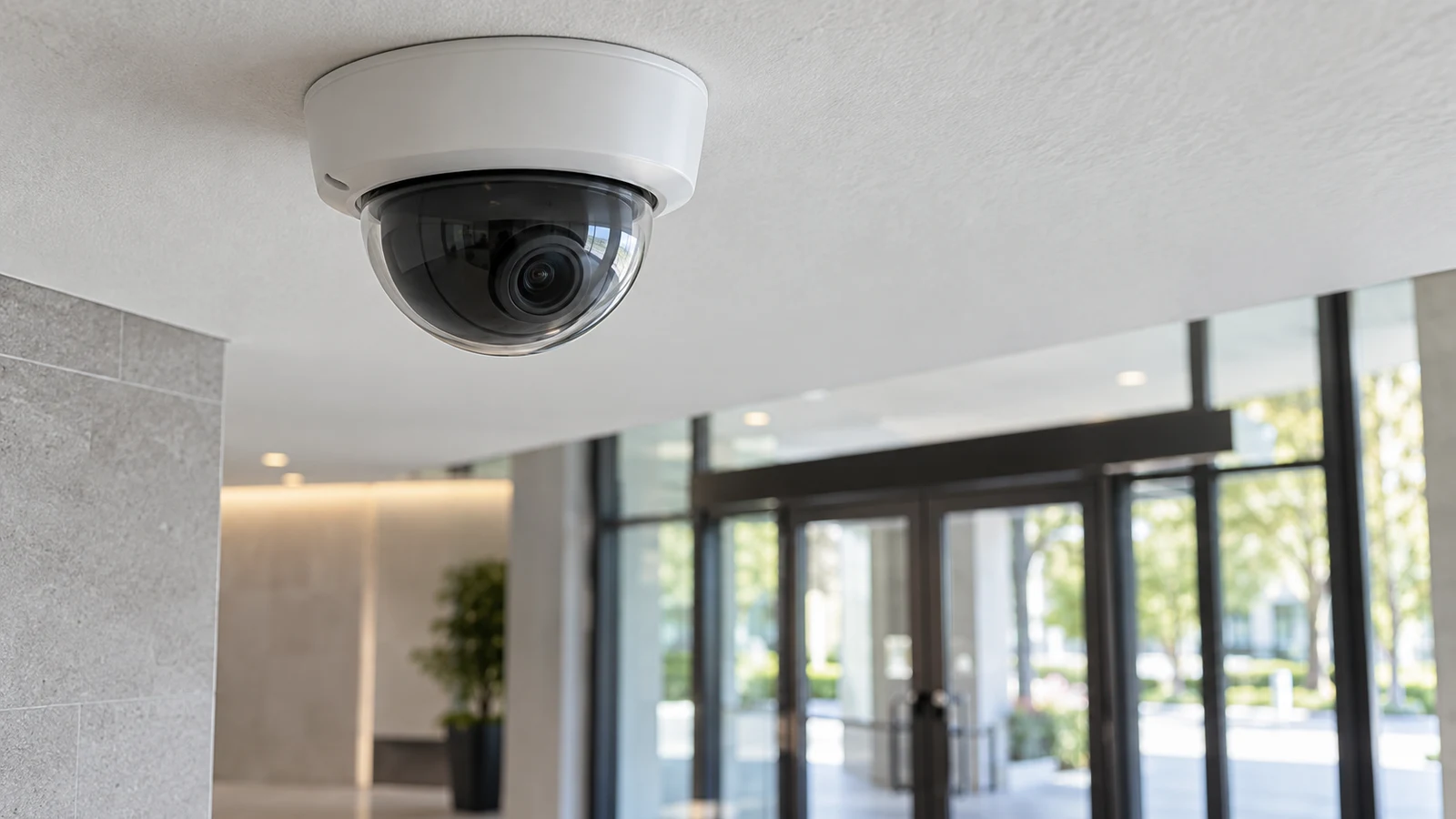 Avigilon 1.3C-H4M-D1 mini dome: An unbranded dome camera is mounted on a white ceiling above a glass entrance.