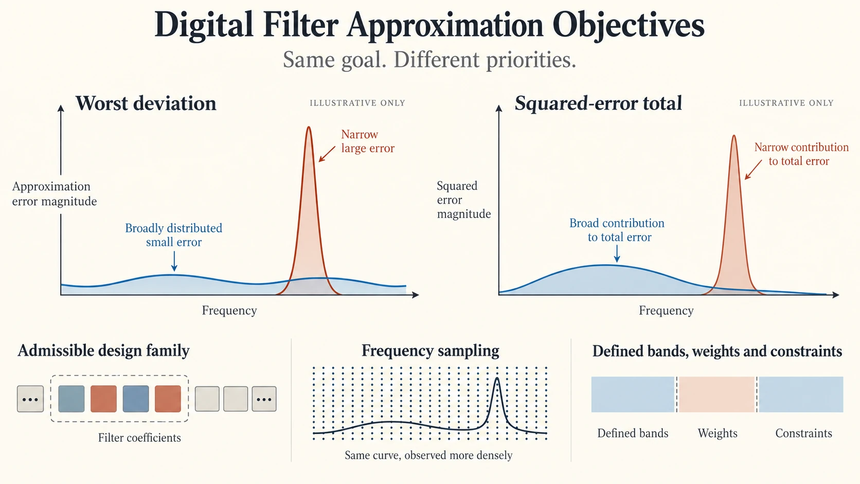 Digital filter approximation objectives illustrated through worst deviation and squared-error totals, admissible coefficients, frequency sampling, band weights, hard constraints and different error priorities.