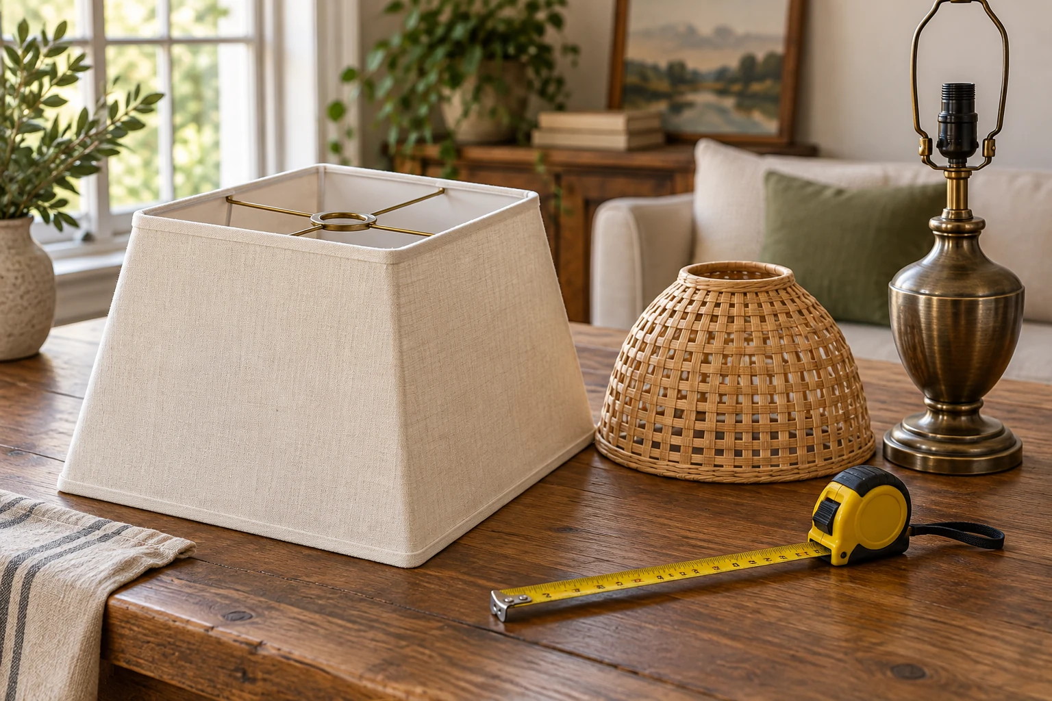 replacement lampshade compatibility checklist showing a fabric shade, woven dome and unlit lamp base with a measuring tape for fitter comparison.