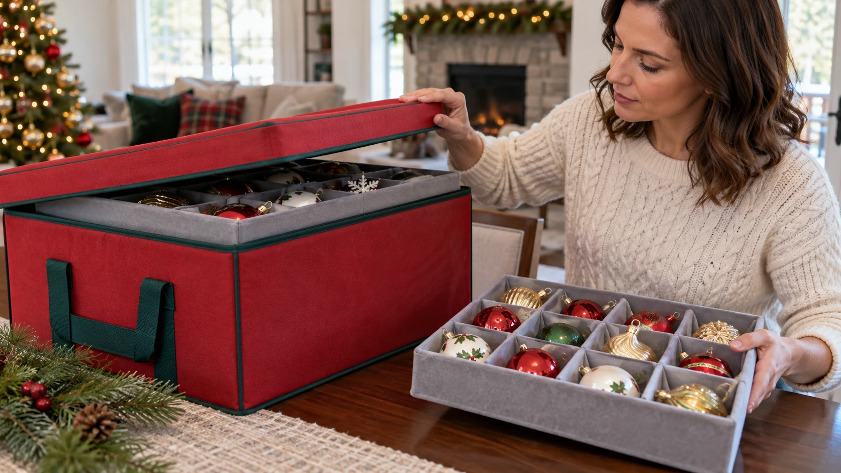 An ornament storage box with a raised lid while a person inspects the top tray and keeps fragile decorations safely set aside.