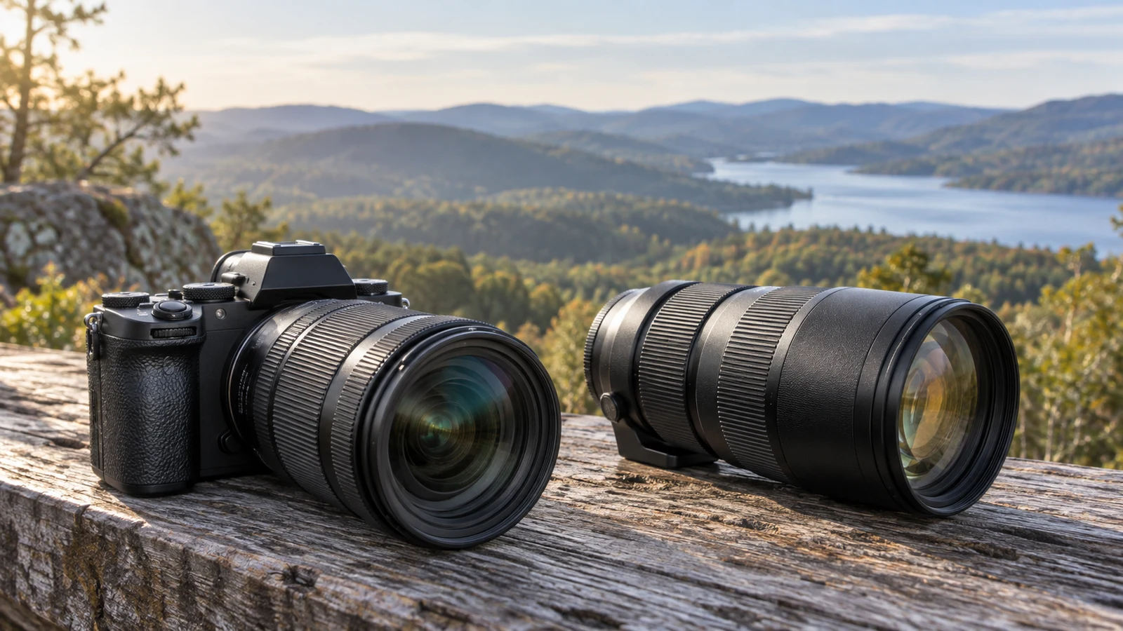 camera zoom ratios: A black camera and separate lens rest on a wooden ledge overlooking wooded hills and a lake.