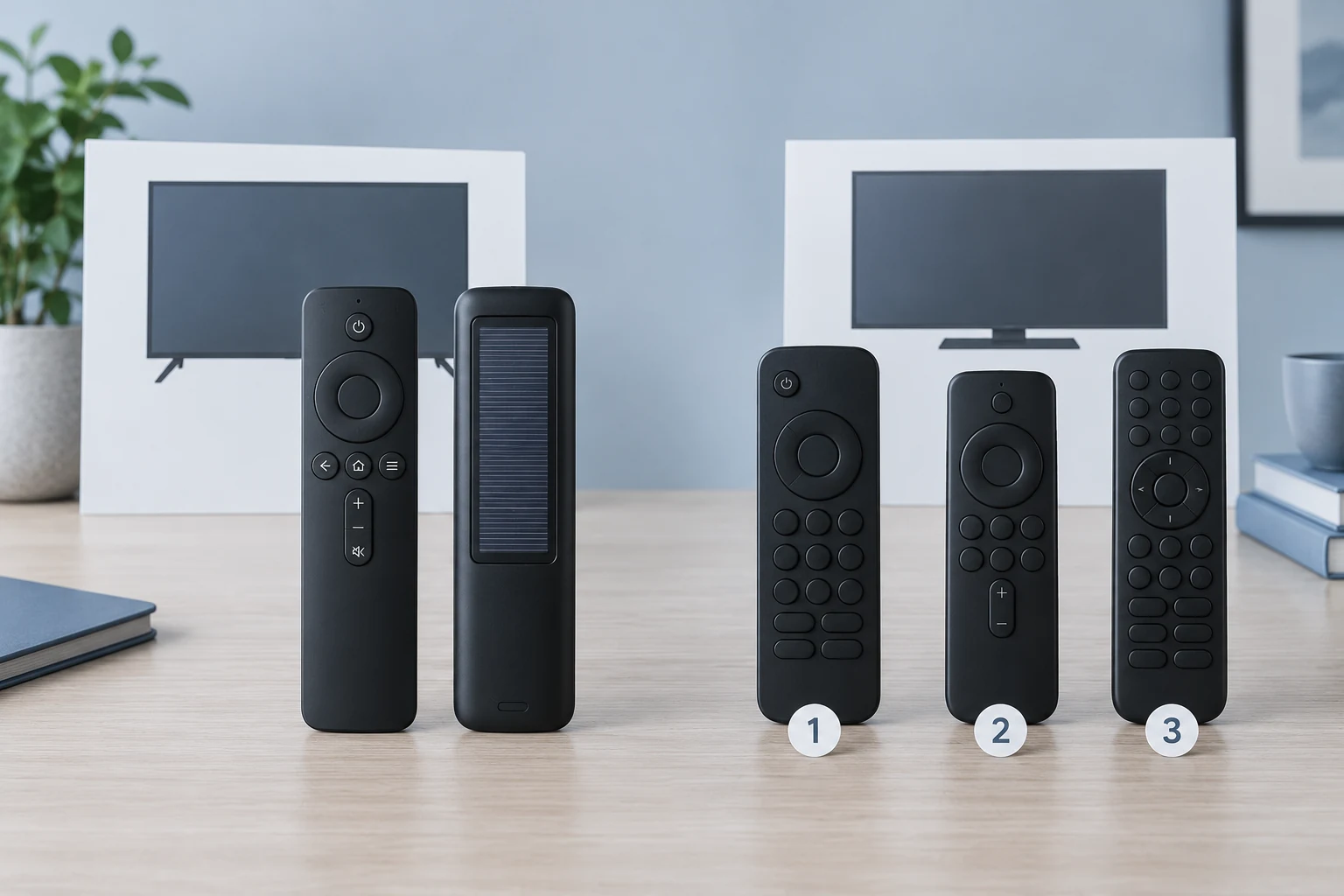 A replacement TV remote compatibility comparison: one slim remote with a rear solar panel beside three numbered black remotes and two separate television silhouettes.