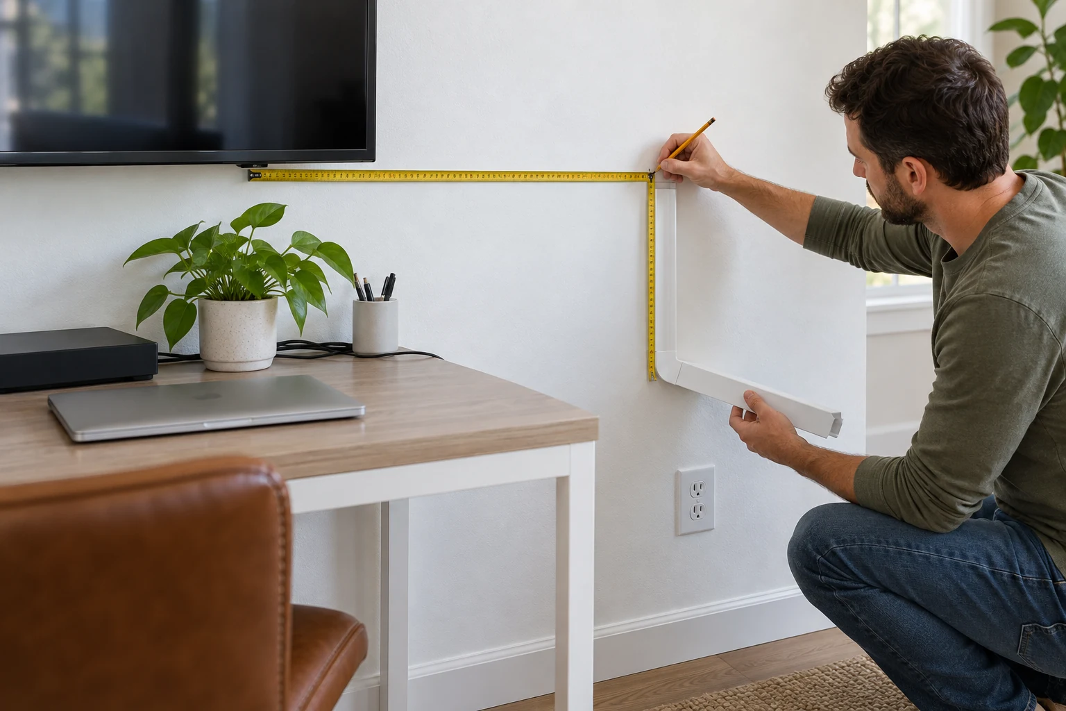 A wall cable raceway route planning checklist, with a person measuring a surface path beside a wall-mounted screen and an open cable channel.