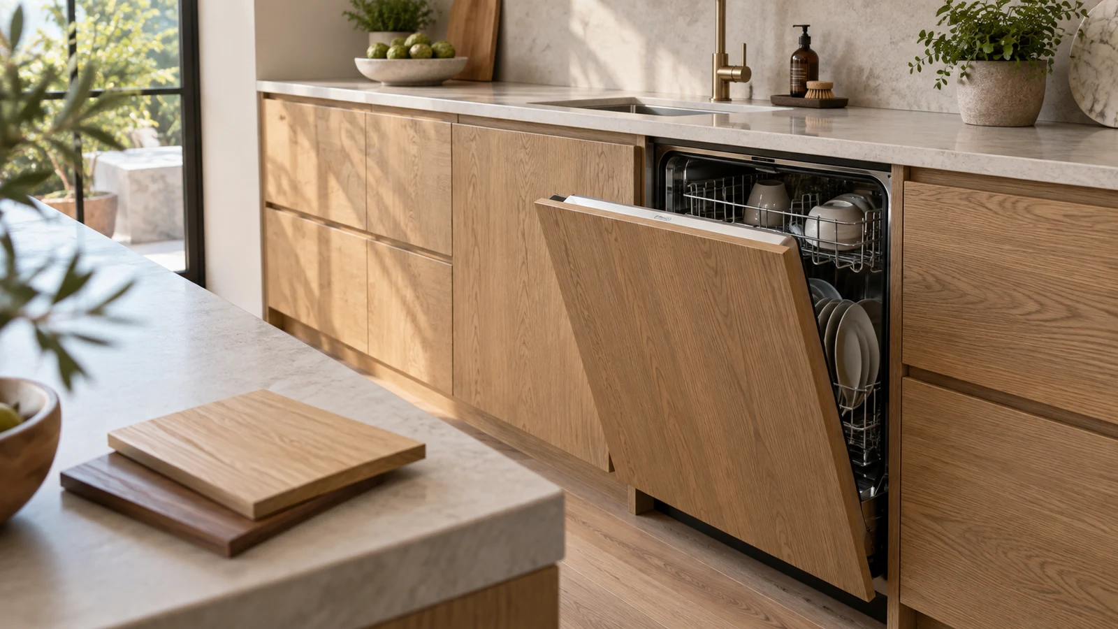 panel-ready dishwasher planning: A partly open wood-front dishwasher sits beside matching cabinets, with wood samples on a countertop.