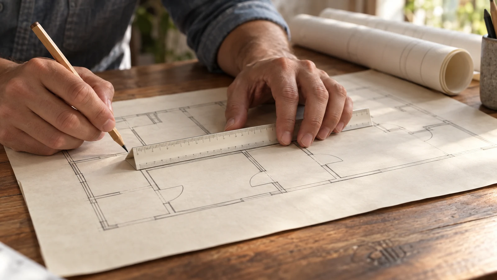 read scale drawings: Hands hold a pencil and triangular ruler over a floor plan on a wooden desk.