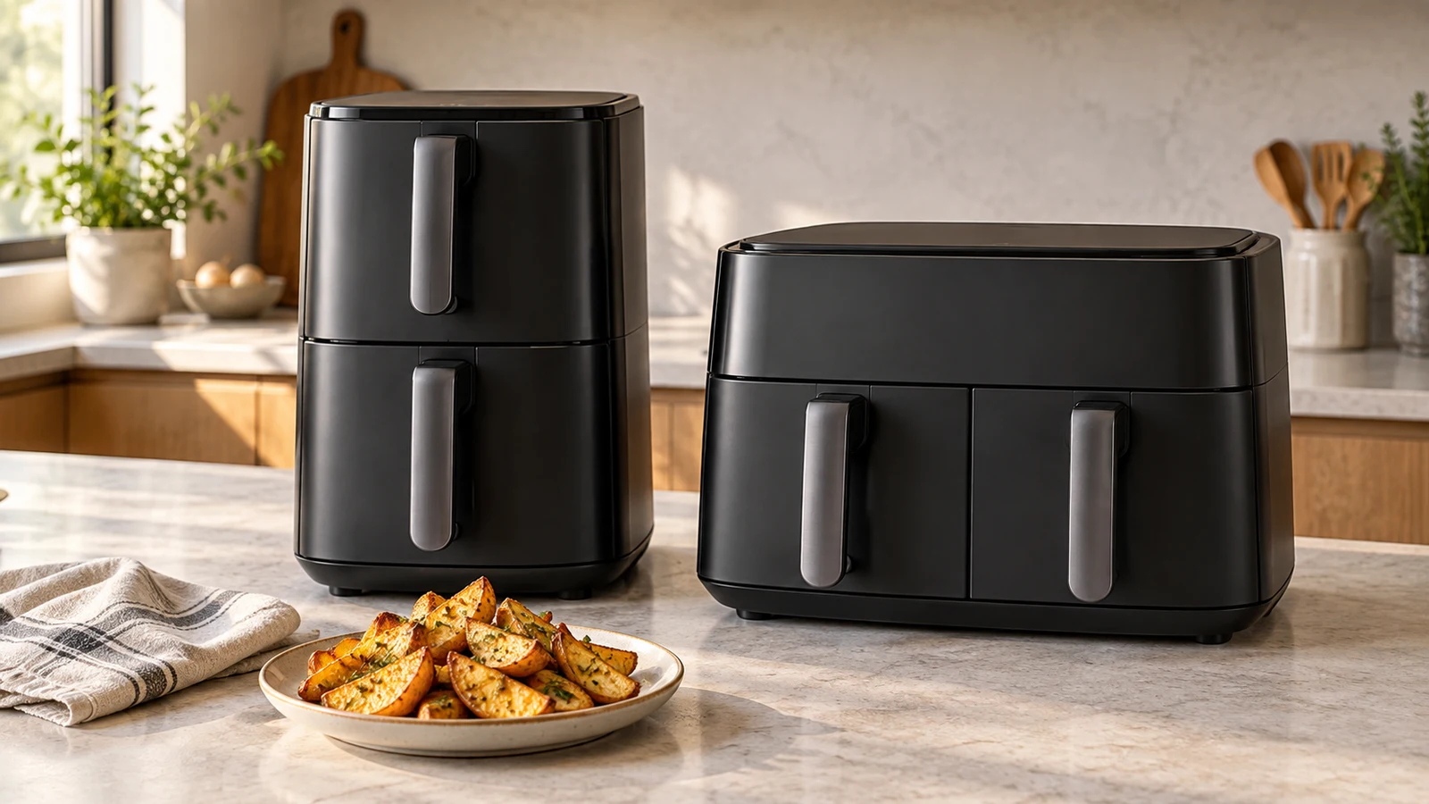 Midea 11-qt stacked air fryer: Two unbranded black air fryers with stacked and side-by-side drawers sit on a kitchen counter.