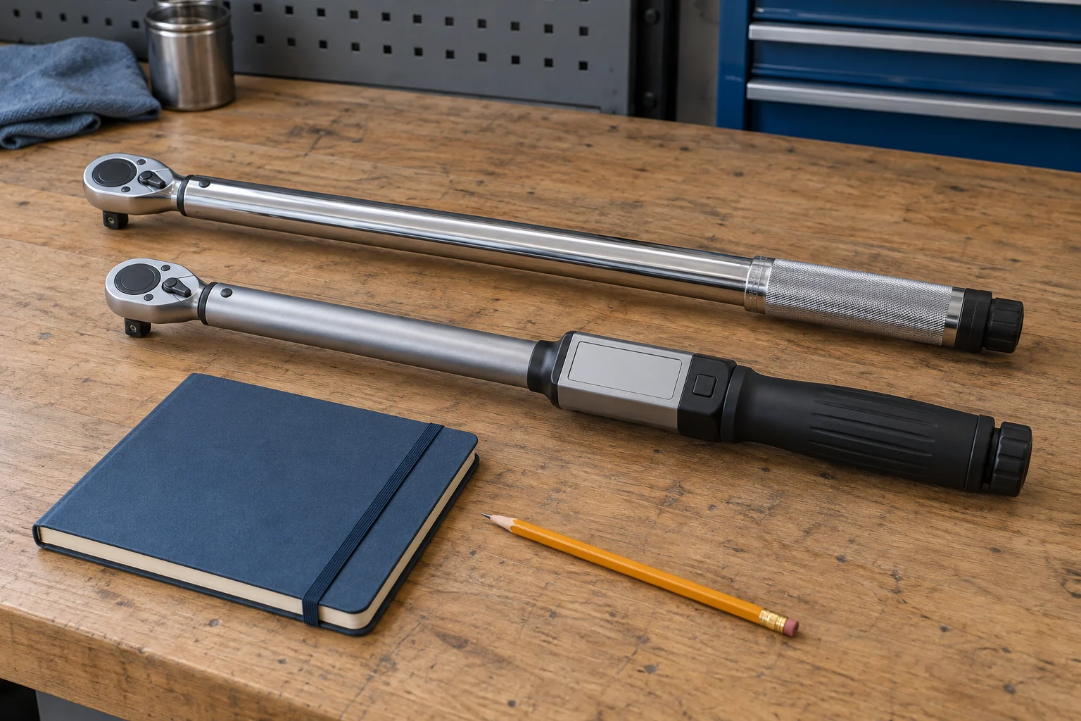 Torque wrench range illustrated by two whole generic inactive torque tools with blank scales beside a notebook and pencil.