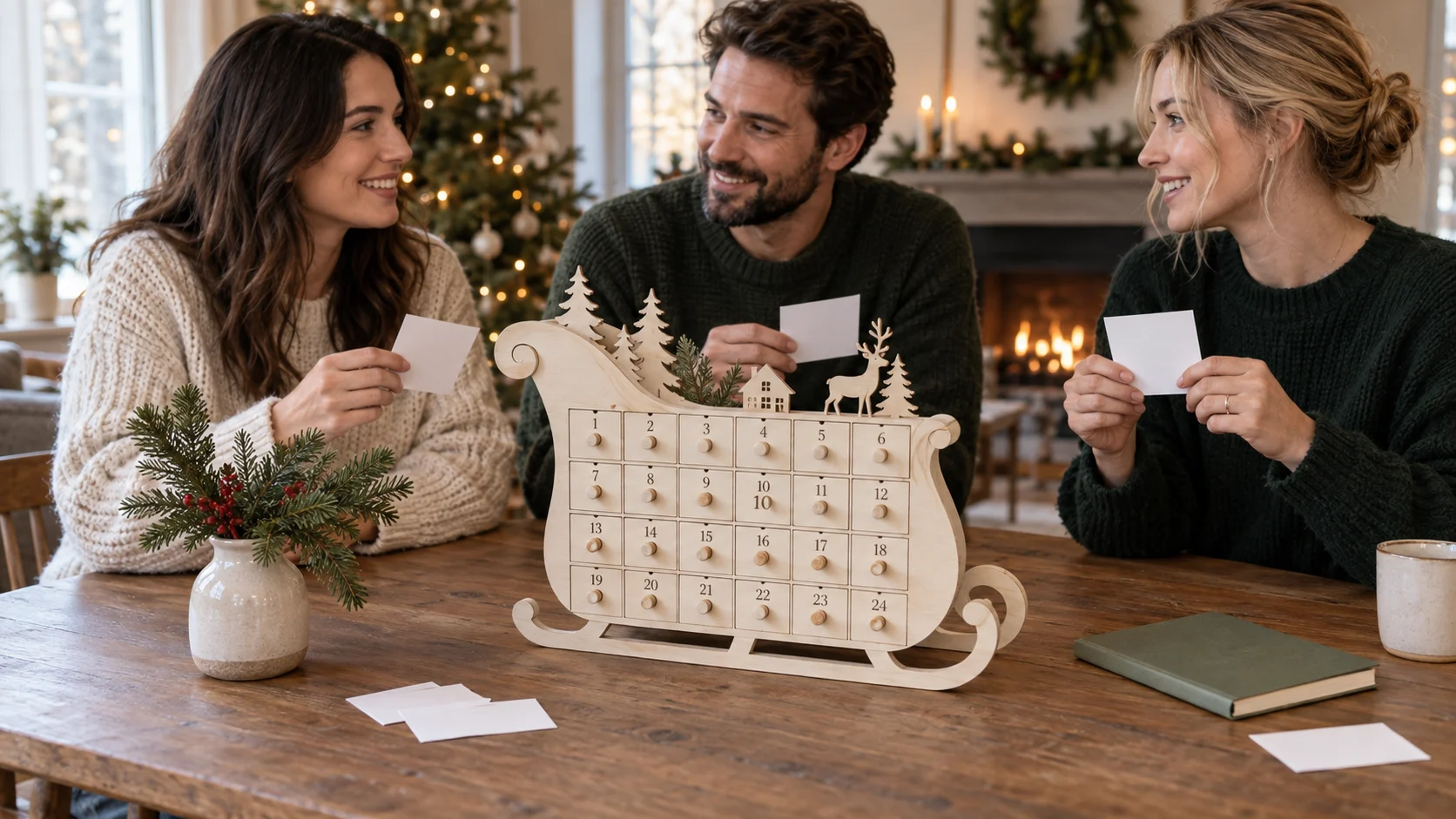 December conversation countdown illustrated by three adults holding blank question notes beside a whole generic cream sleigh-shaped calendar and a closed notebook.