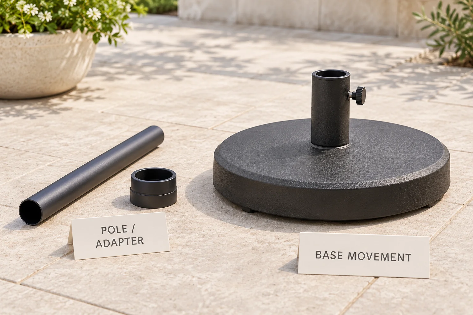 Umbrella pole moves in weighted base separates a detached pole and adapter reference from the complete base and its movement.