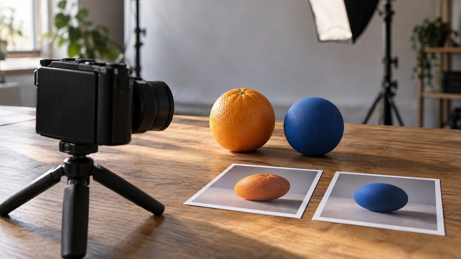 Sony ZV-1 II match cut planning: A camera faces an orange and a blue ball beside photographic prints on a wooden table.