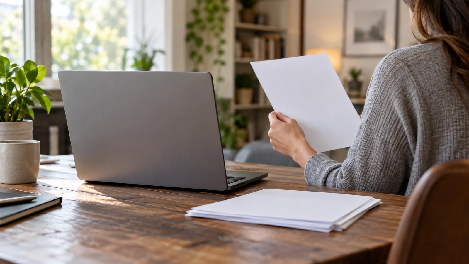 Dell Inspiron PDF compression checks: A person holds a blank sheet beside an unbranded laptop on a wooden desk.