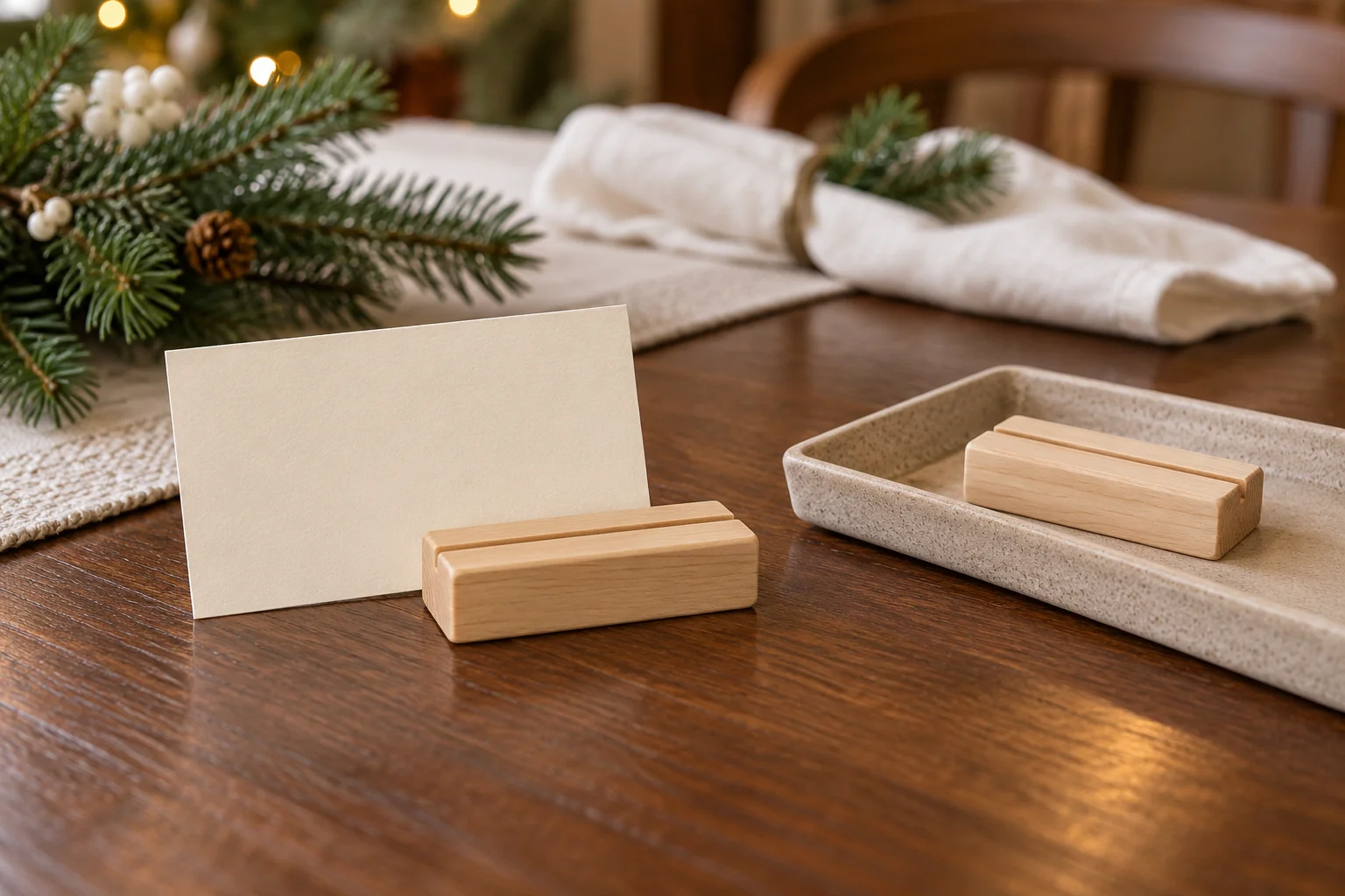 Holiday place card keepsakes separates a generic tabletop card from its reusable holder, with a second holder grouped for return after the meal.