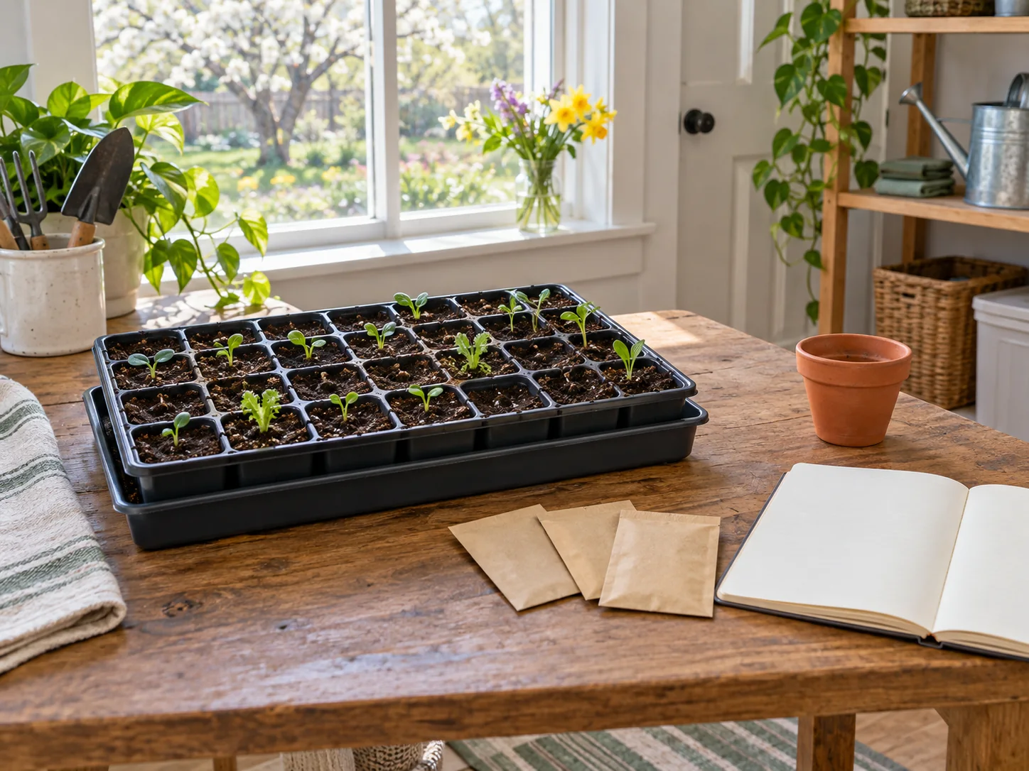 Spring seed-starting plan concept with a complete generic tray, three blank seed packets and empty pot beside a notebook in a bright home room.