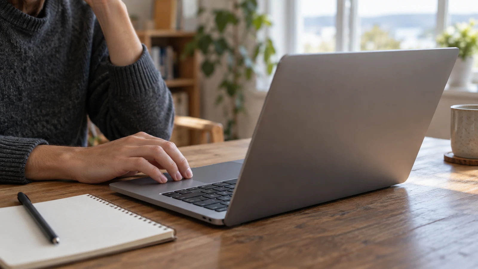 Dell Inspiron PDF hyperlink checks: A person rests a hand on an unbranded laptop beside a notebook.
