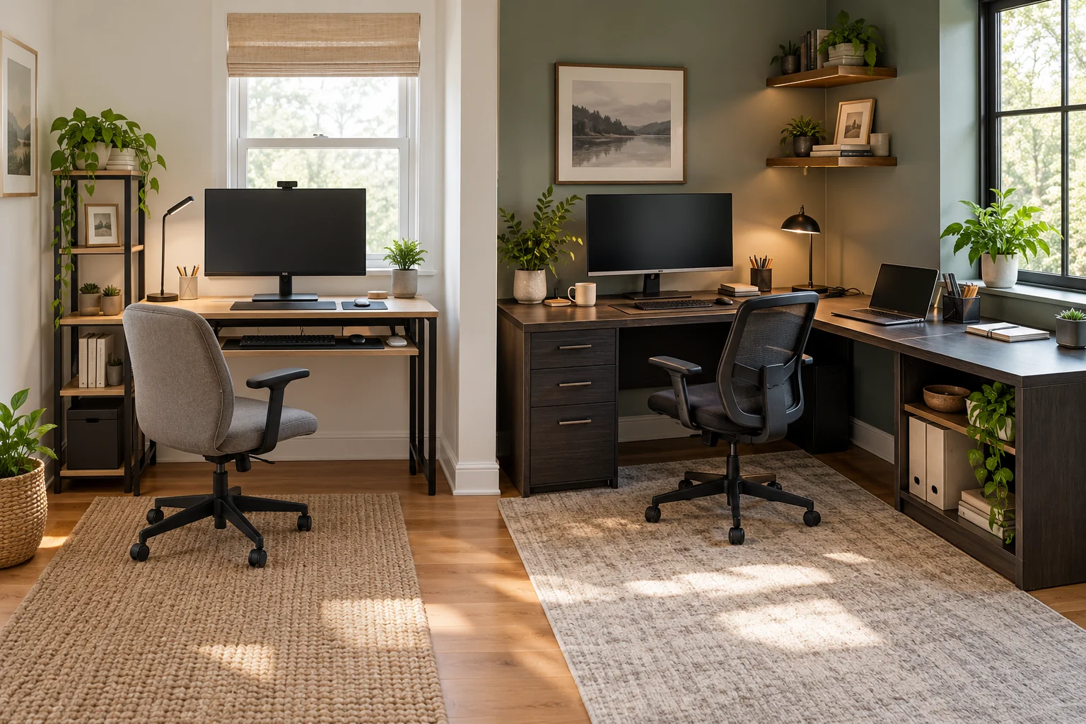 small desk setup with a compact straight desk on one side and a corner desk on the other, showing clear work zones and cable paths.