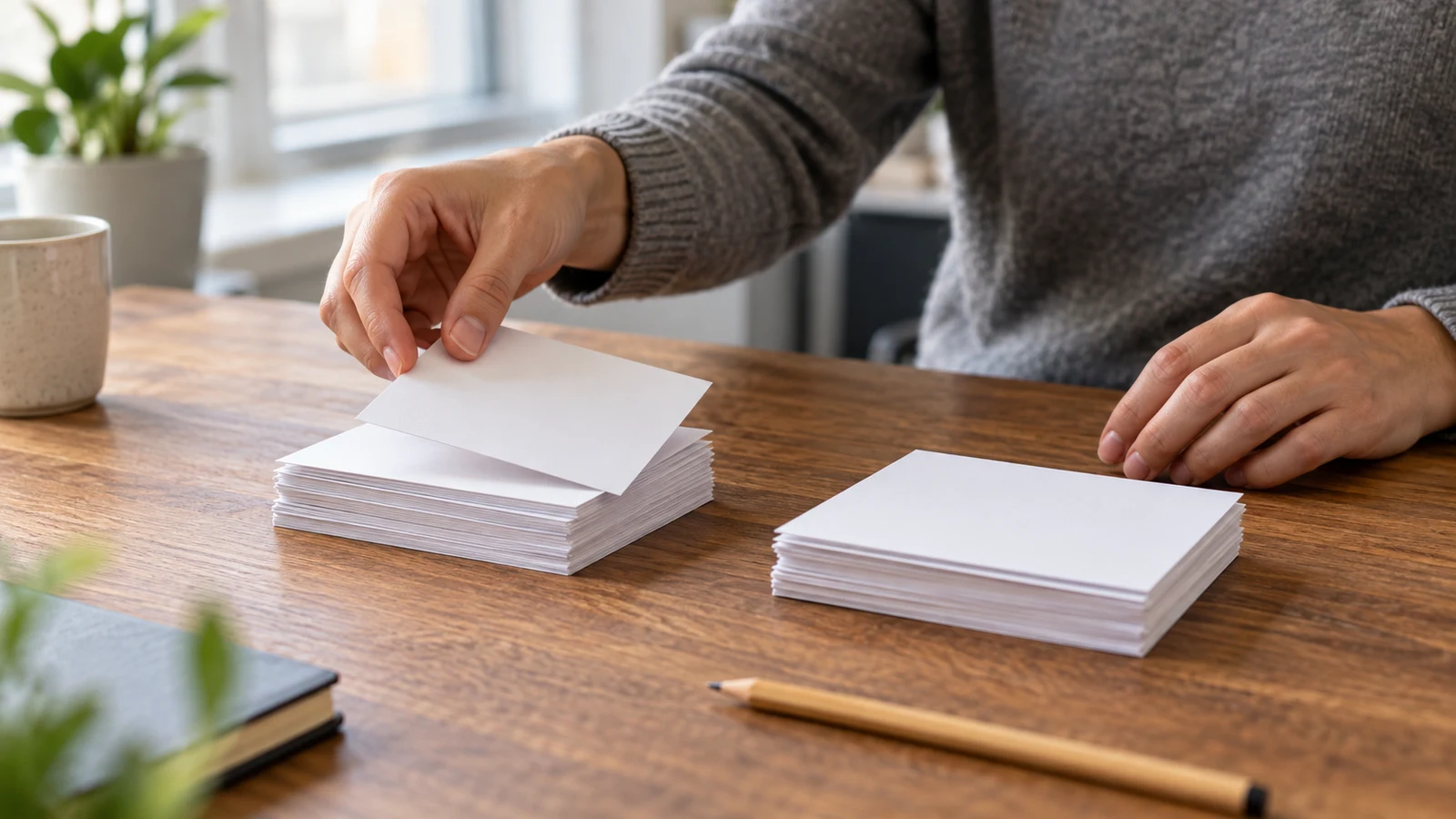 survey response rates: A person holds a blank card above two stacks of cards on a wooden table.
