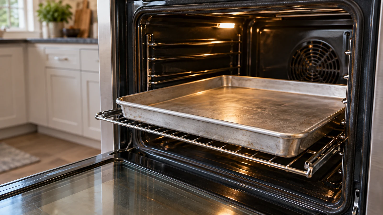 oven pan fit: A metal baking pan rests on an extended rack inside an open oven.