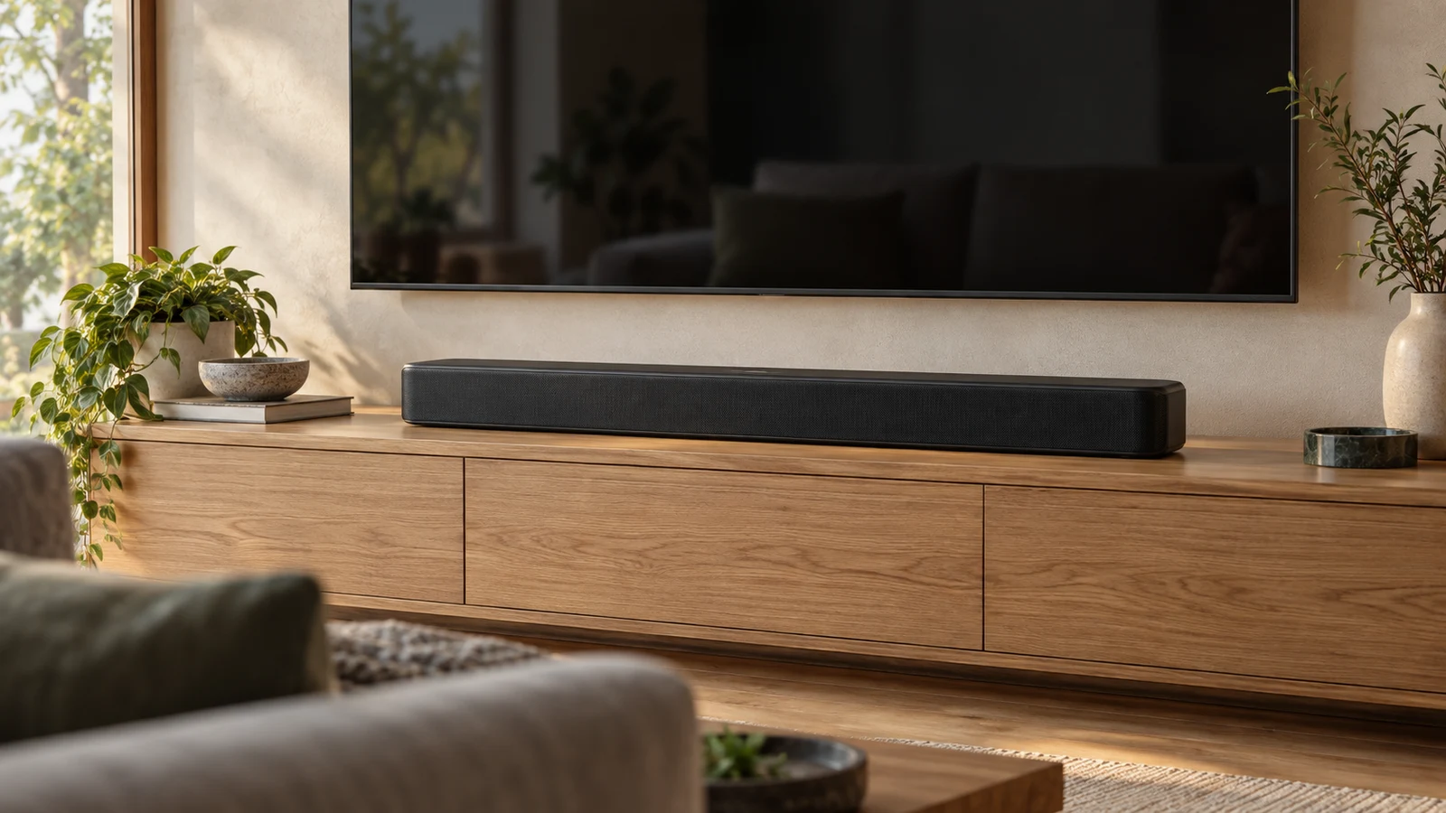 JBL Bar 300 MK2 soundbar: A black soundbar sits beneath a wall-mounted television on a wooden console.