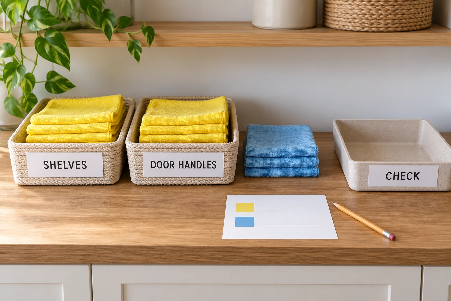 Cleaning cloth task labels pair plain task names with a separate household return cue so repeated fabric colors do not carry the whole instruction.