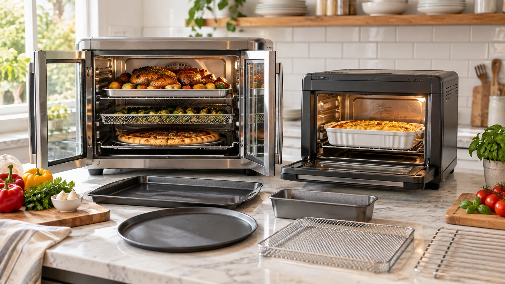 For Kitchen Elite 30QT air fryer oven, consider cavity claims, pan fit, door space, cooking modes, accessories, controls, and cleaning.