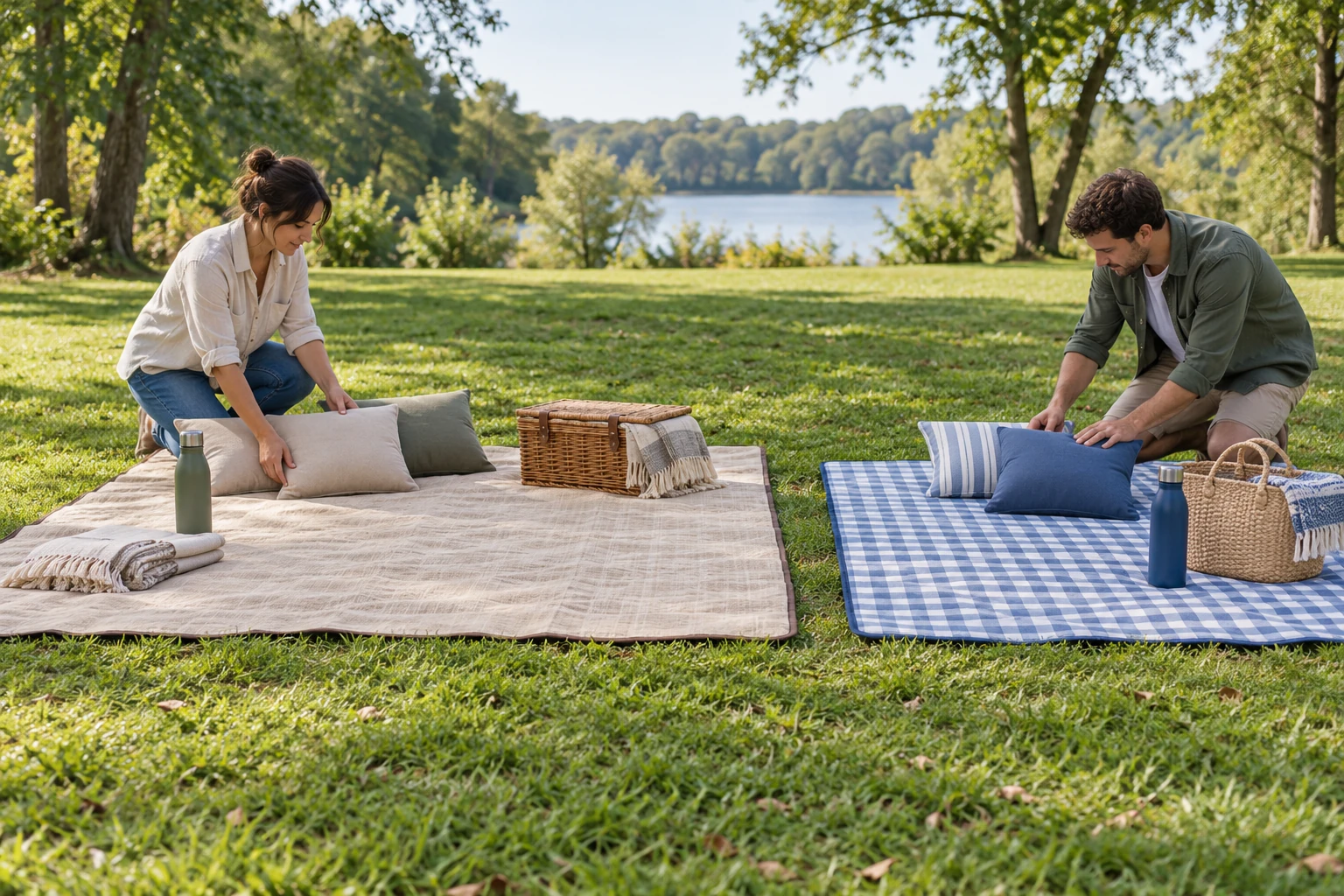 A small-group picnic blanket layout with two different blankets, a basket, bottles, cushions, and open sitting space on a park lawn.