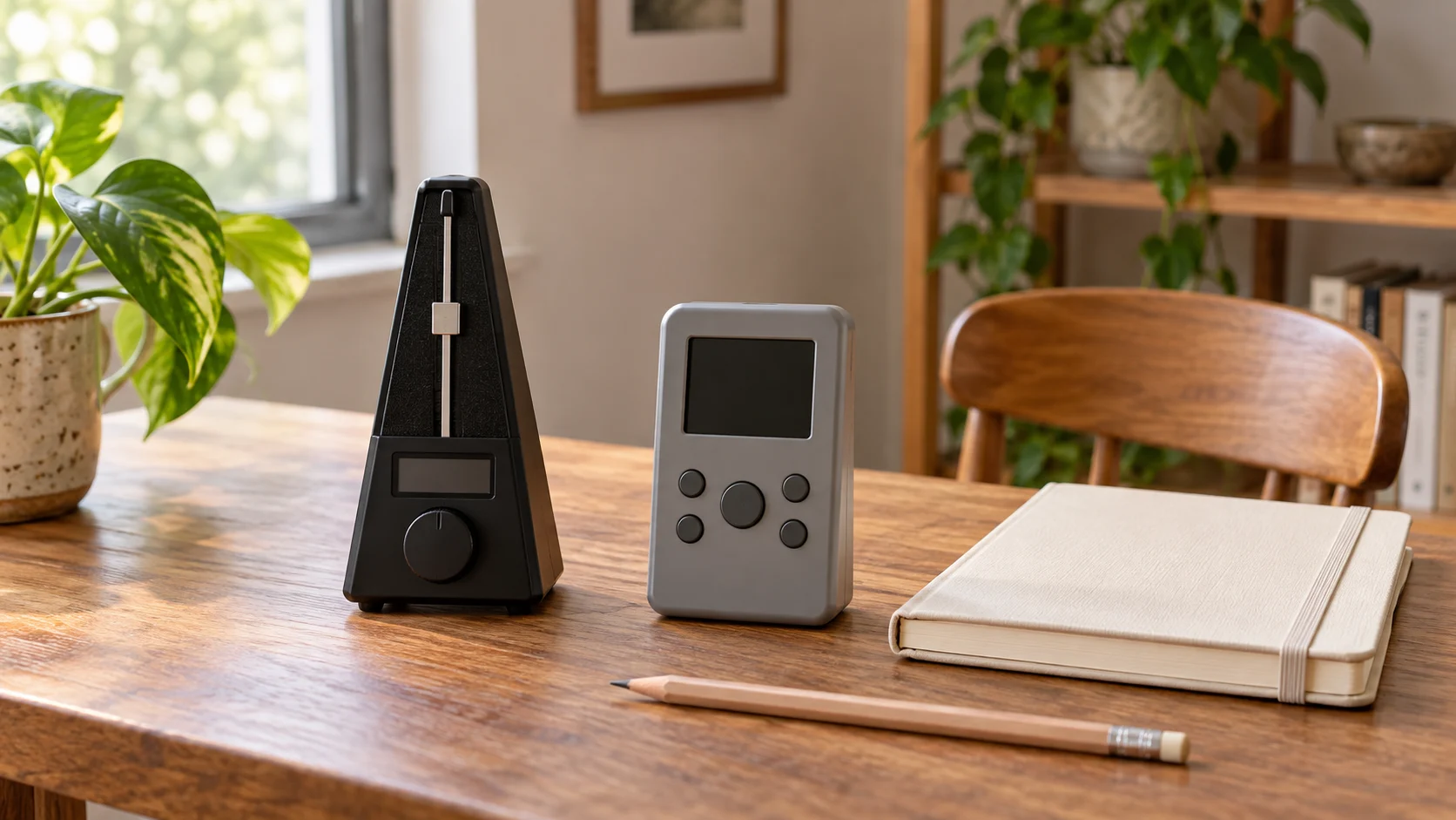 Metronome tempo and beat settings shown conceptually with two whole generic inactive tabletop devices beside a whole closed notebook and pencil.