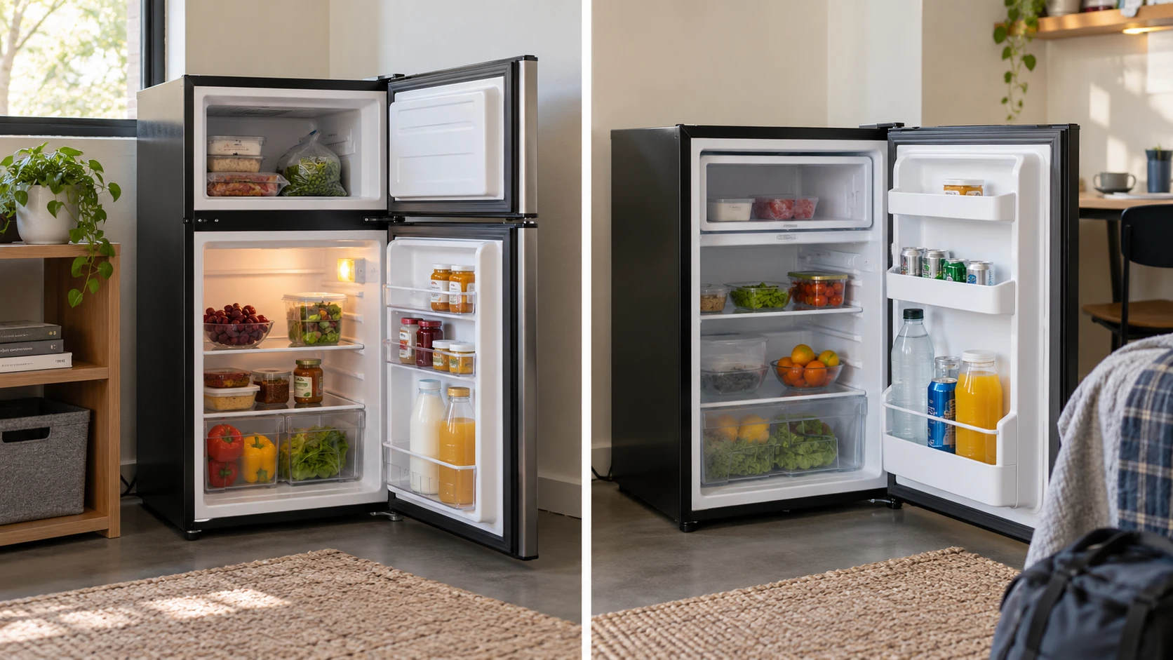 For Frestec 3.2 cubic foot two-door mini fridge, consider separate freezer access, shelves, door swing, dimensions, temperature controls and defrost chores.