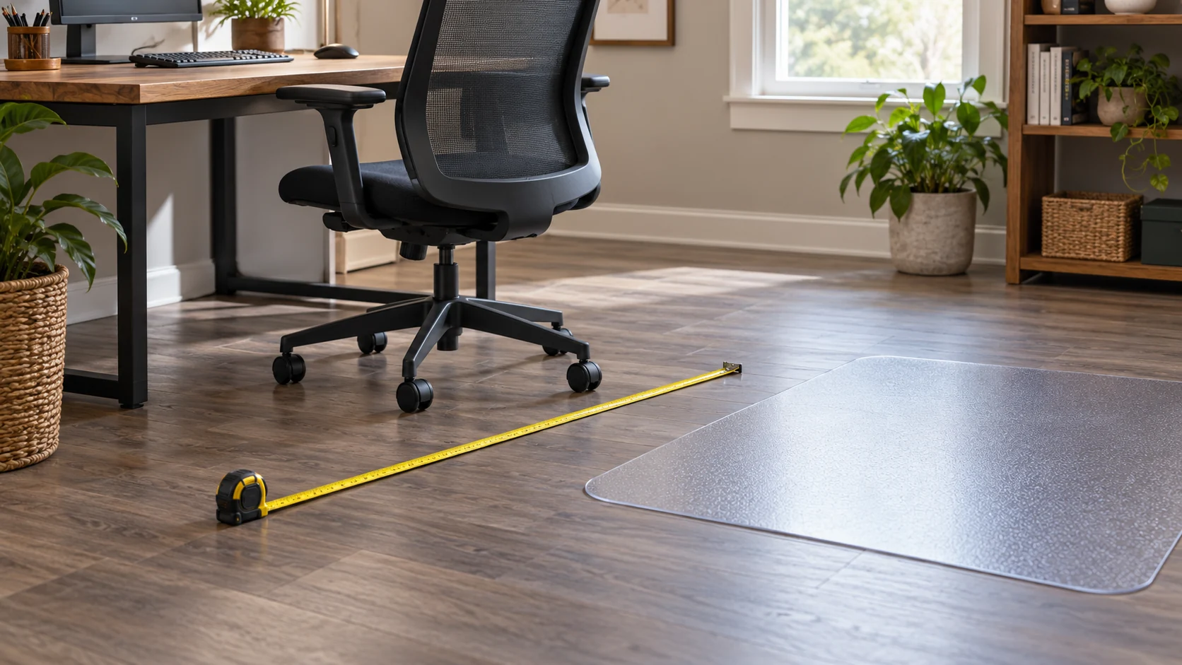 Measuring office chair mat coverage with a tape across a rolling chair’s travel area on a hard floor, with an uninstalled mat nearby.