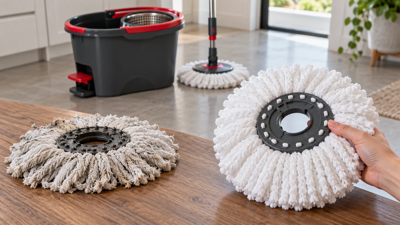 Spin mop refill or full kit decision shown by worn and fresh removable mop heads beside an intact bucket and handle.