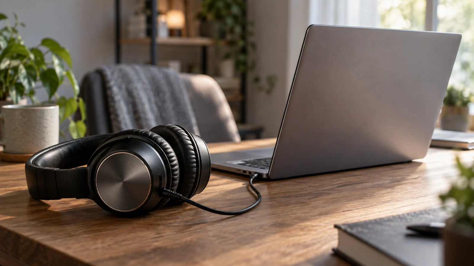 Dell Inspiron audio track selection: Wired headphones sit beside an unbranded laptop on a wooden desk.