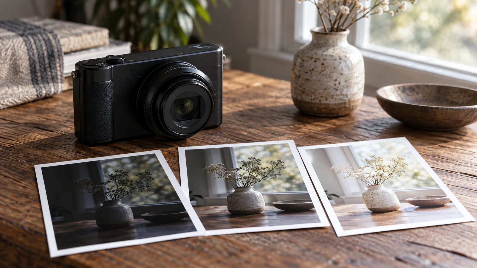 Sony ZV-1 II multiple exposure checks: A black camera sits beside three differently exposed photo prints on a wooden table.