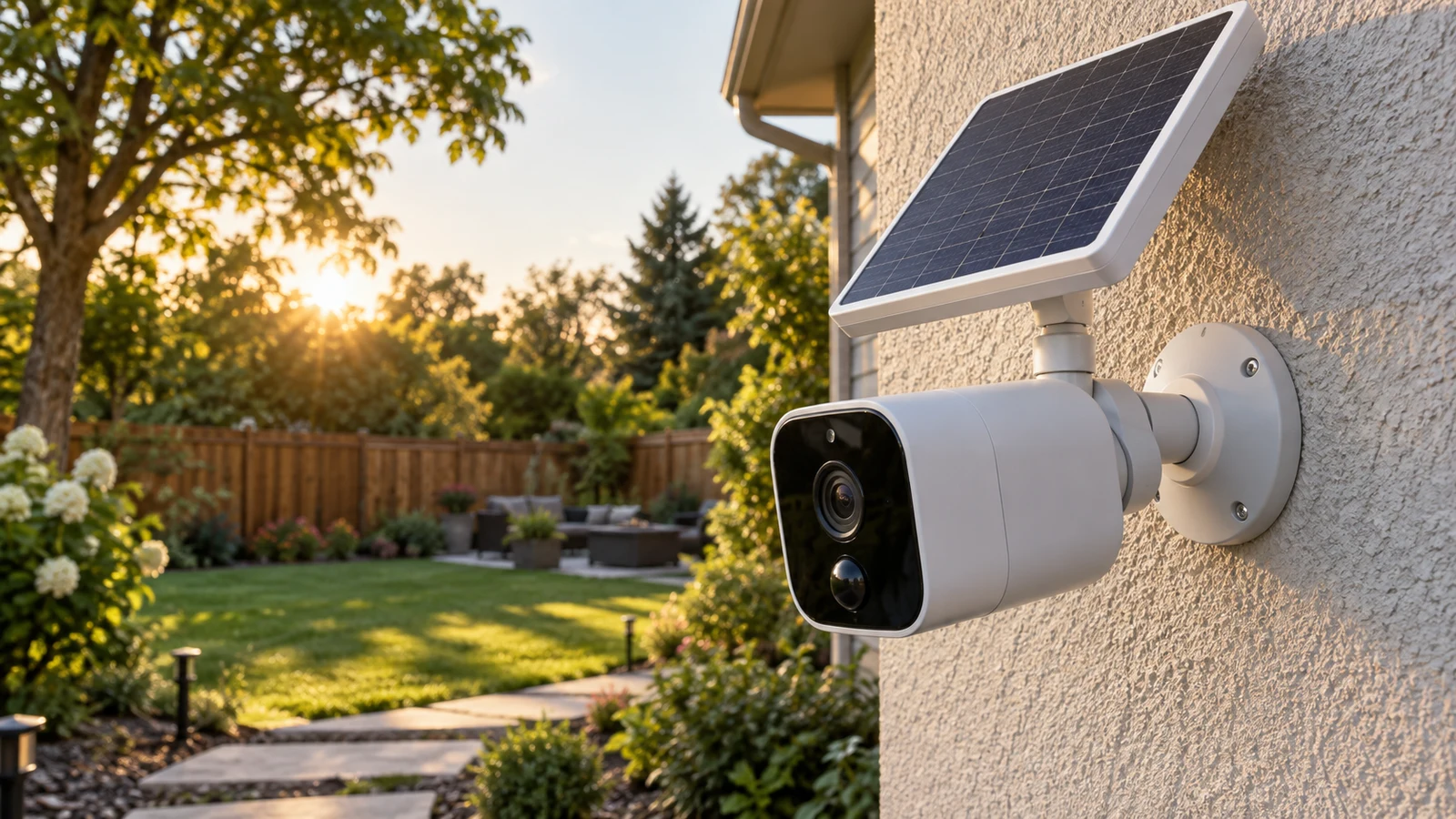 Oggfader solar security camera: An unbranded camera and solar panel are mounted on a wall beside a fenced yard.