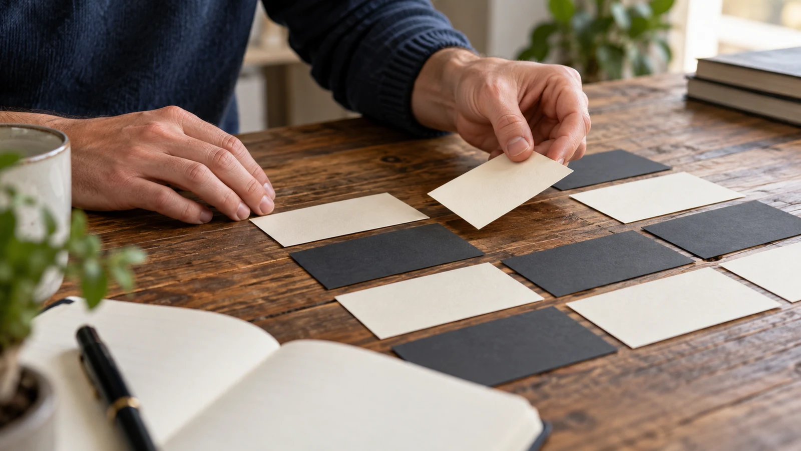 decision table logic: A person holds a blank cream card above cream and charcoal cards beside an open notebook.