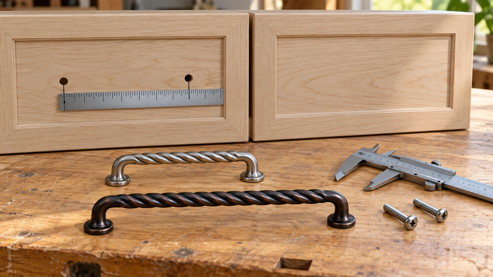 Cabinet pull center-to-center spacing: two cabinet fronts, one with two screw holes and a ruler, beside shorter silver and longer dark twisted pulls.