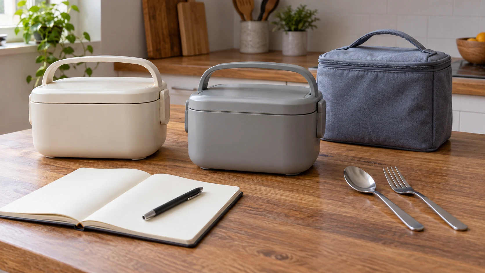 Closed generic lunch boxes and a blank notebook for an electric lunch box power and accessory checklist; no actual retail kit, power compatibility or heating demonstration.